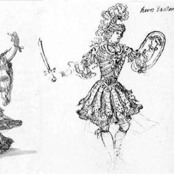 Armide projets de costumes par Jean Berain nymphe et héros pour Armide de Quinault et Lully, 1686